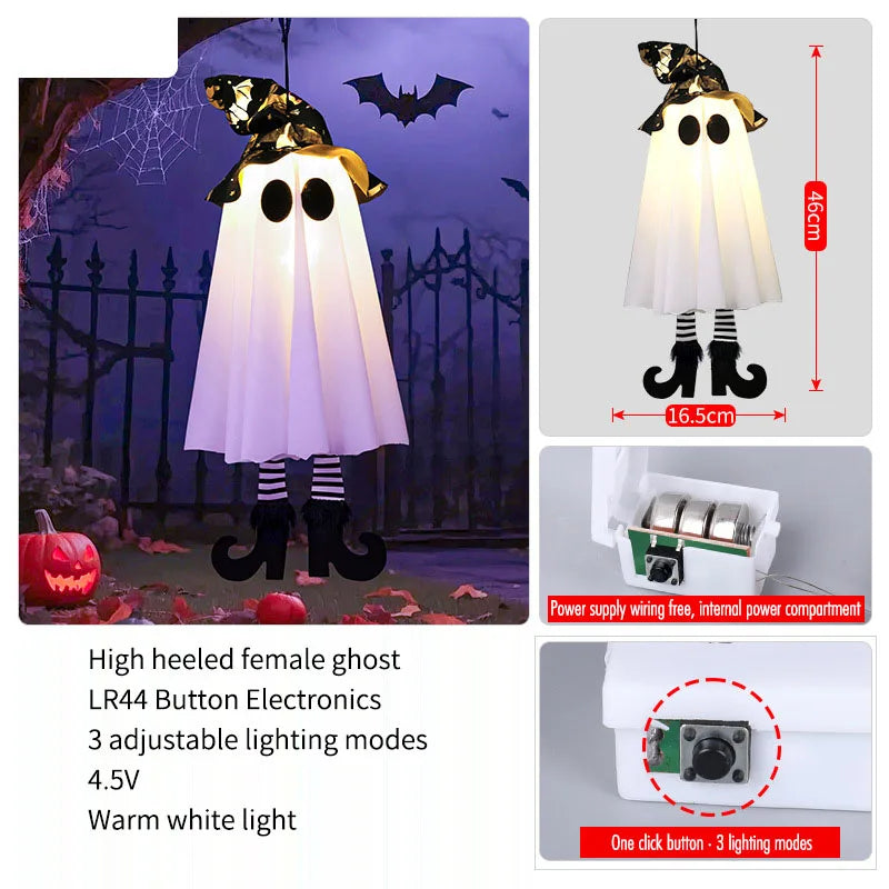3-Pack Light-Up Hanging Halloween Ghosts with Witch Hats