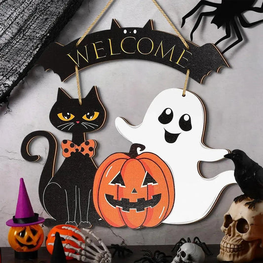 Halloween Hanging Decoration - Ghost, Pumpkin, Black Cat Welcome Sign - Witchy Wooden Sign for Gothic Home Decor