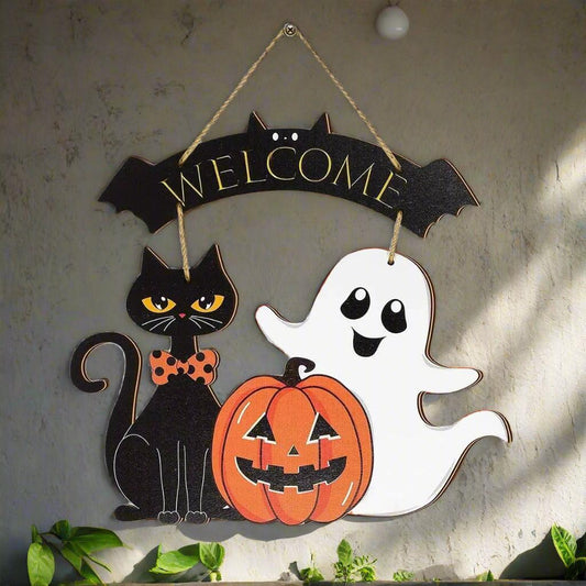 Halloween Hanging Decoration - Ghost, Pumpkin, Black Cat Welcome Sign - Witchy Wooden Sign for Gothic Home Decor