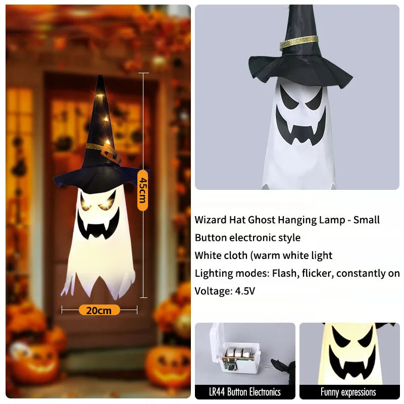 3-Pack Light-Up Hanging Halloween Ghosts with Witch Hats