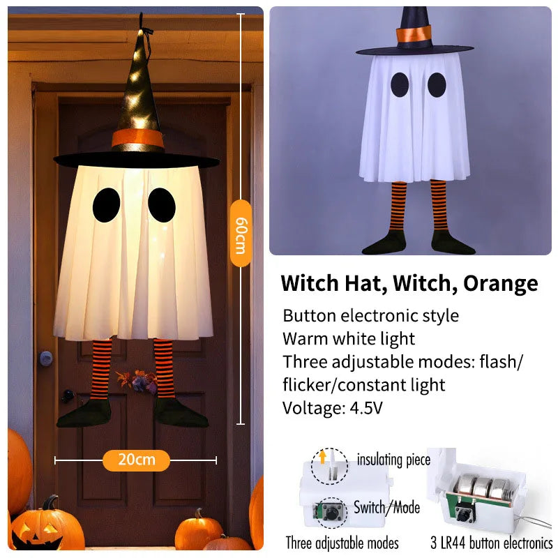 3-Pack Light-Up Hanging Halloween Ghosts with Witch Hats