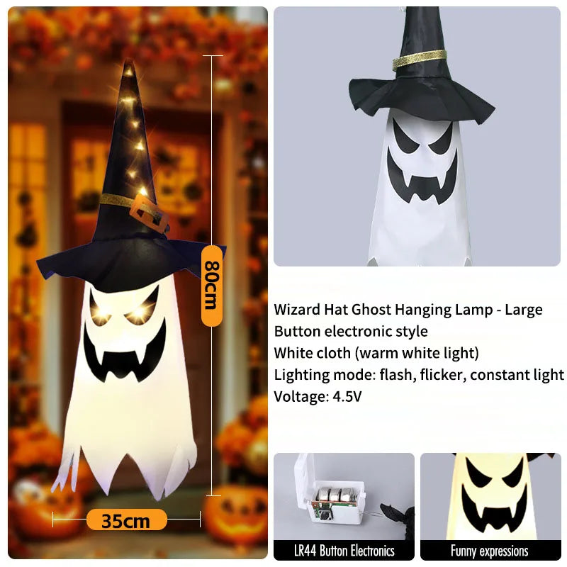 3-Pack Light-Up Hanging Halloween Ghosts with Witch Hats